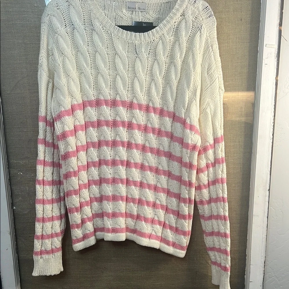 Becool Boutique Pink and Cream Cable Knit Crew Neck Sweater